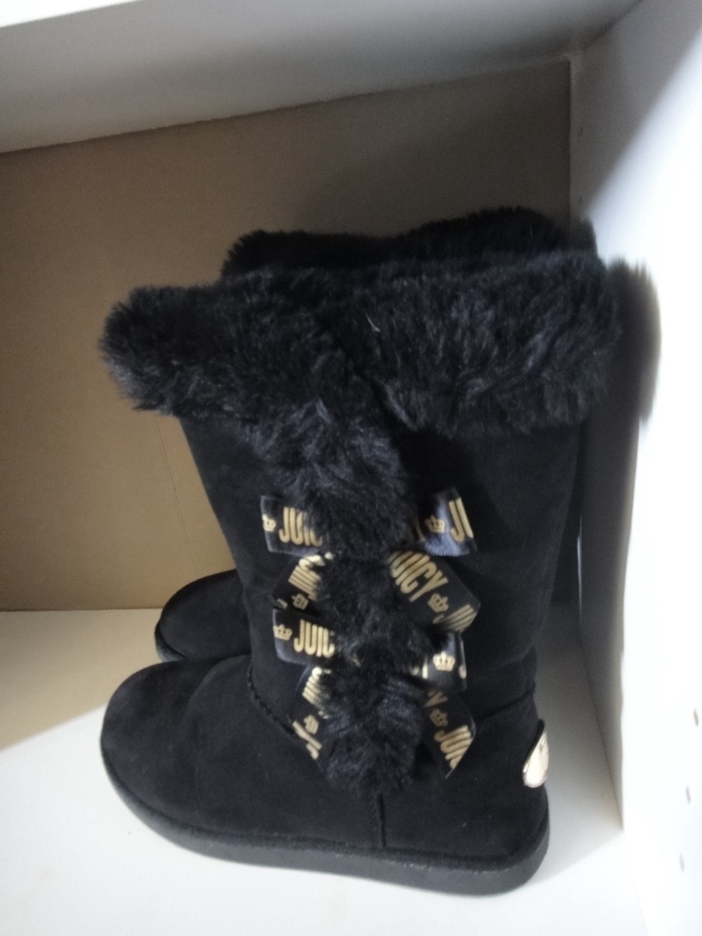 Juicy Couture Black Faux-Fur Mid-Calf Boots with Branded Ribbon